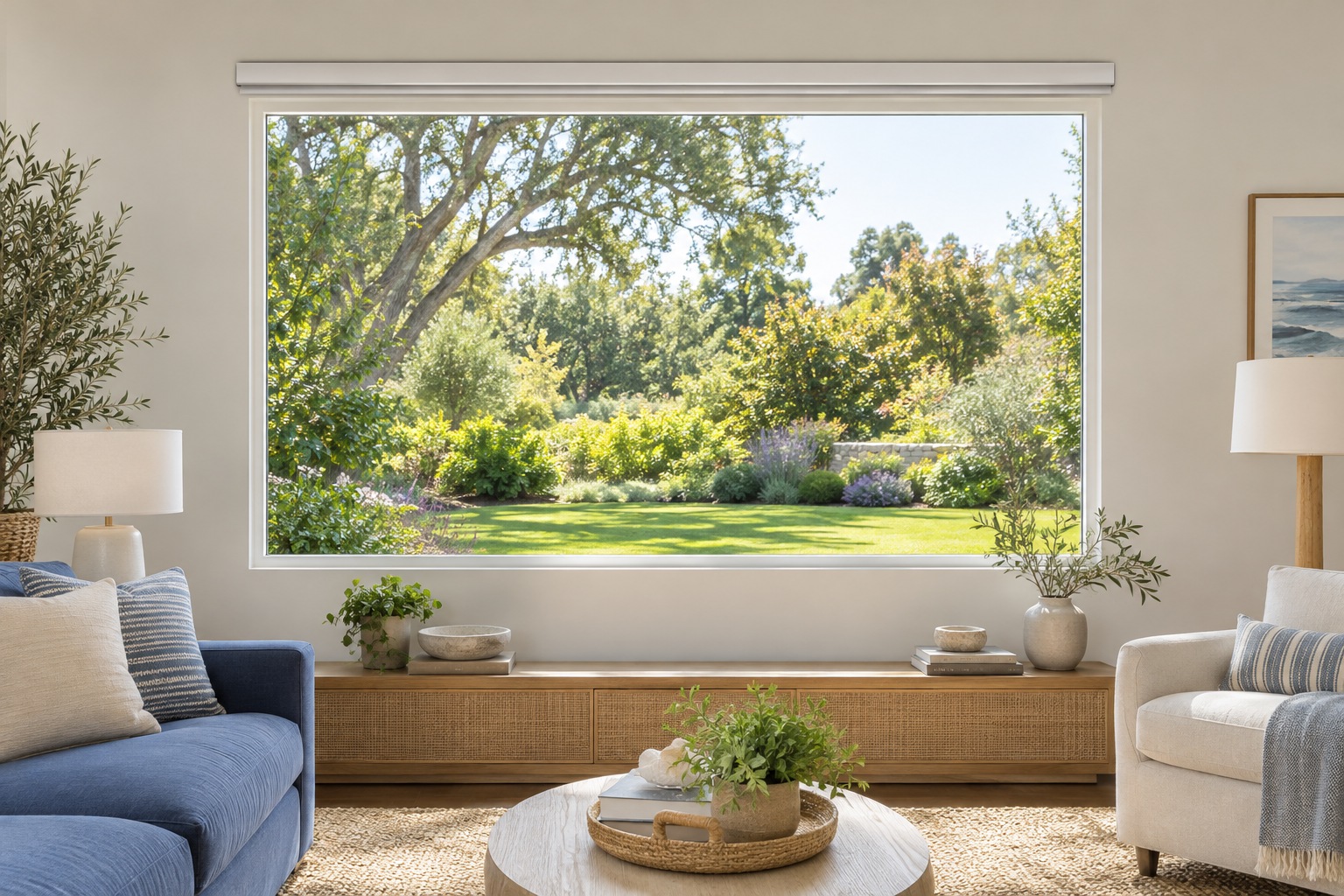 Bright living room illustrating the comfort of motorized shading